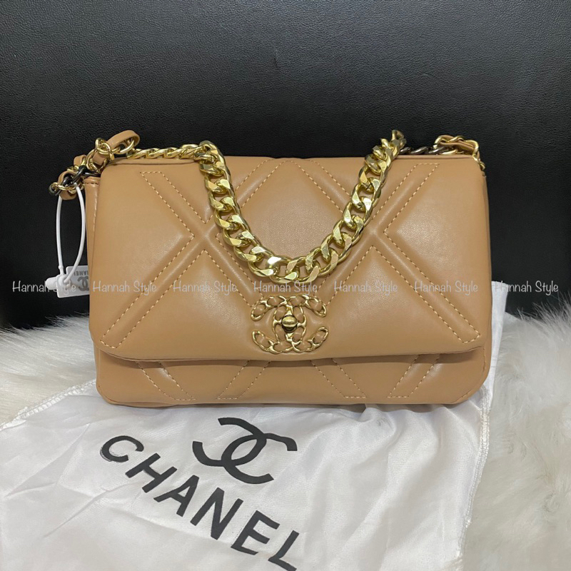 Túi chaneo ô trám da mềm đàn hồi màu beige