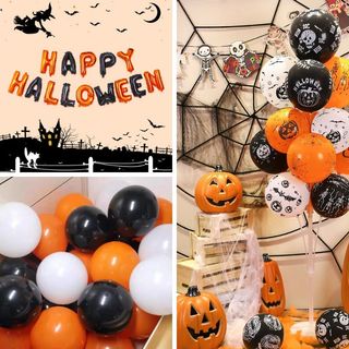Set bong bóng chữ Happy Halloween, bong bóng bay màu đen cam, bong bóng in hoạ tiết Halloween trang trí lễ hội hóa trang
