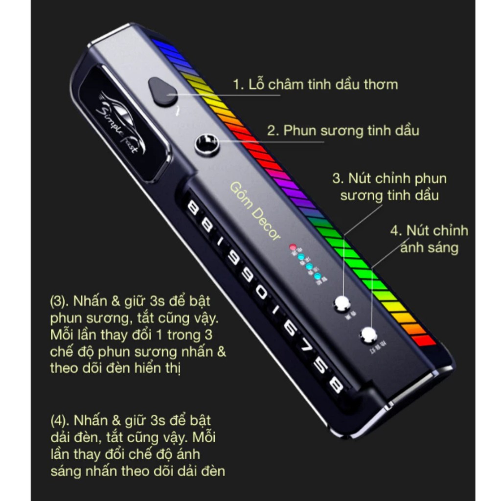Máy Khuyếch Tán Nước hoa Ô Tô , Kết Hợp Với Bảng Số Điện Thoại, Đèn Led RGB Thông Minh 7 màu