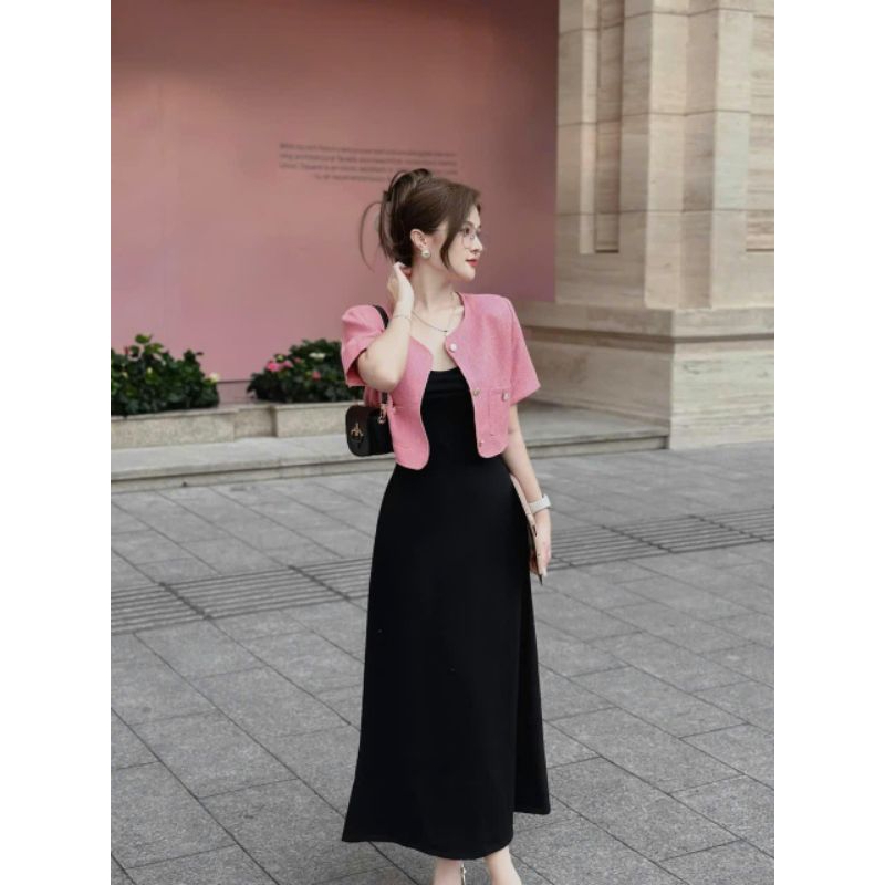 *Sét Đầm BoDy 2 dây kèm áo khoác Vest tay ngắn thời trang nữ sang chảnh chất Đầm Thun Tăm Nhung lạnh áo LinEn cổ tròn