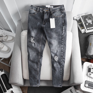 Quần Jean Nam xám rách quần bò nam ống ôm jeans co giản