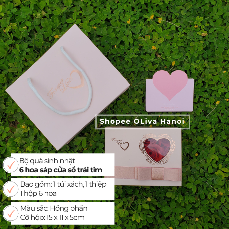 Quà tặng sinh nhật bạn gái người yêu hộp quà noel có 6 hoa sáp cửa trái tim hồng kèm túi mix vòng tay bạc or nước hoa nữ