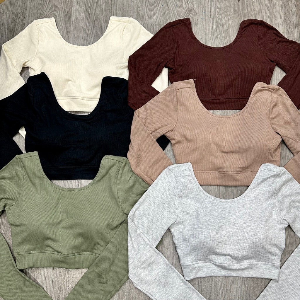 Áo Croptop Thể Thao Tay Dài Xỏ Ngón Có Mút Vải Thun Gân Co Giãn Tốt ATD03 Tập Gym Yoga