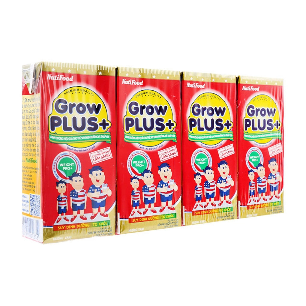 Lốc 4 hộp sữa bột pha sẵn NutiFood Grow Plus+ vani 110ml