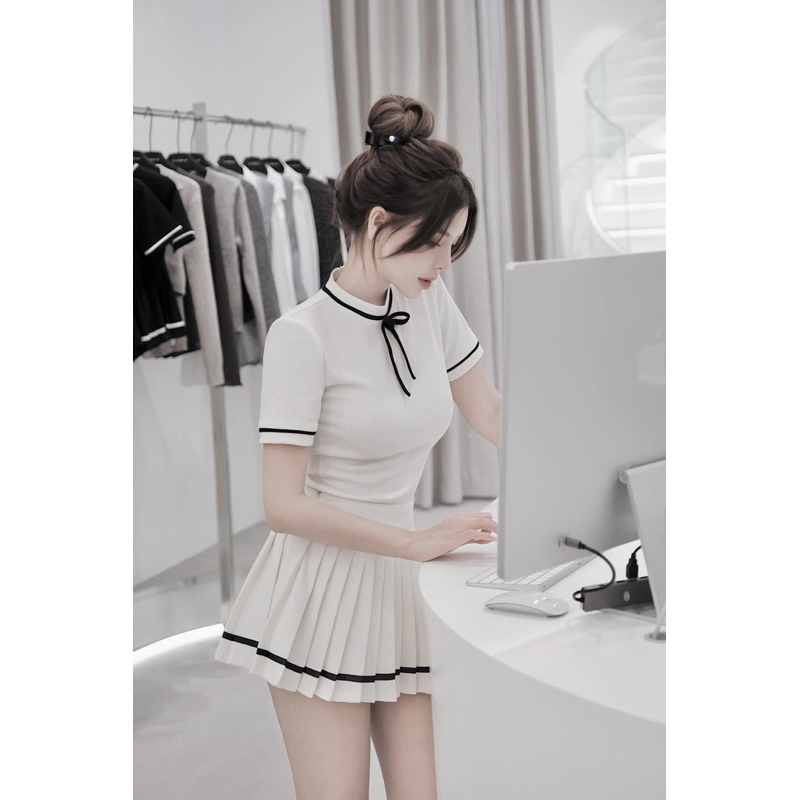 Sét áo phối nơ mix chân váy ly_Hàng đẹp