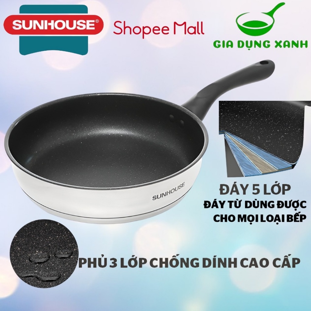 Chảo inox chống dính bếp từ 5 đáy SUNHOUSE IN16M4-IN28M4-2022 16 20 24 26 28 CM Siêu Dày (dùng được trên mọi loại bếp)