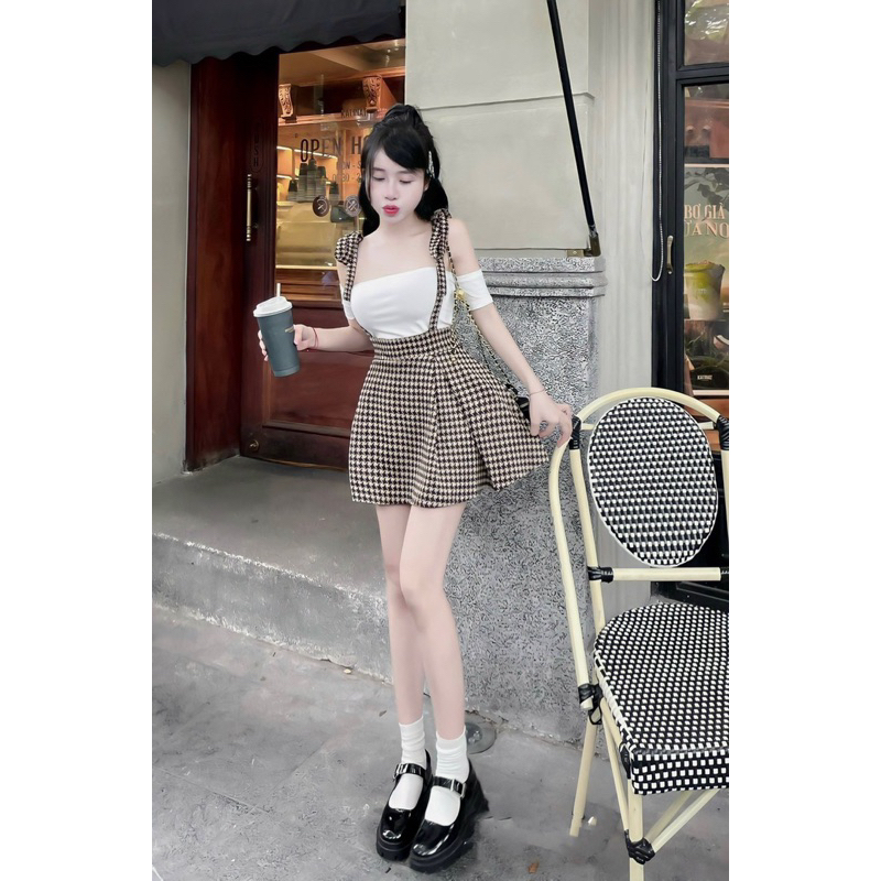 Sét yếm dạ 2 dây phối áo tay trễ vai siêu xinh chất dạ cao cấp_Hàng đẹp