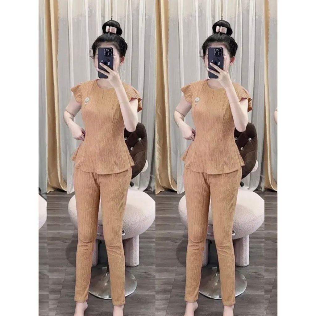 Sét đồ bộ thun xốp quần dài ống ôm,tay cánh tiên cổ tròn kèm phụ kiện-XỐP BÈO