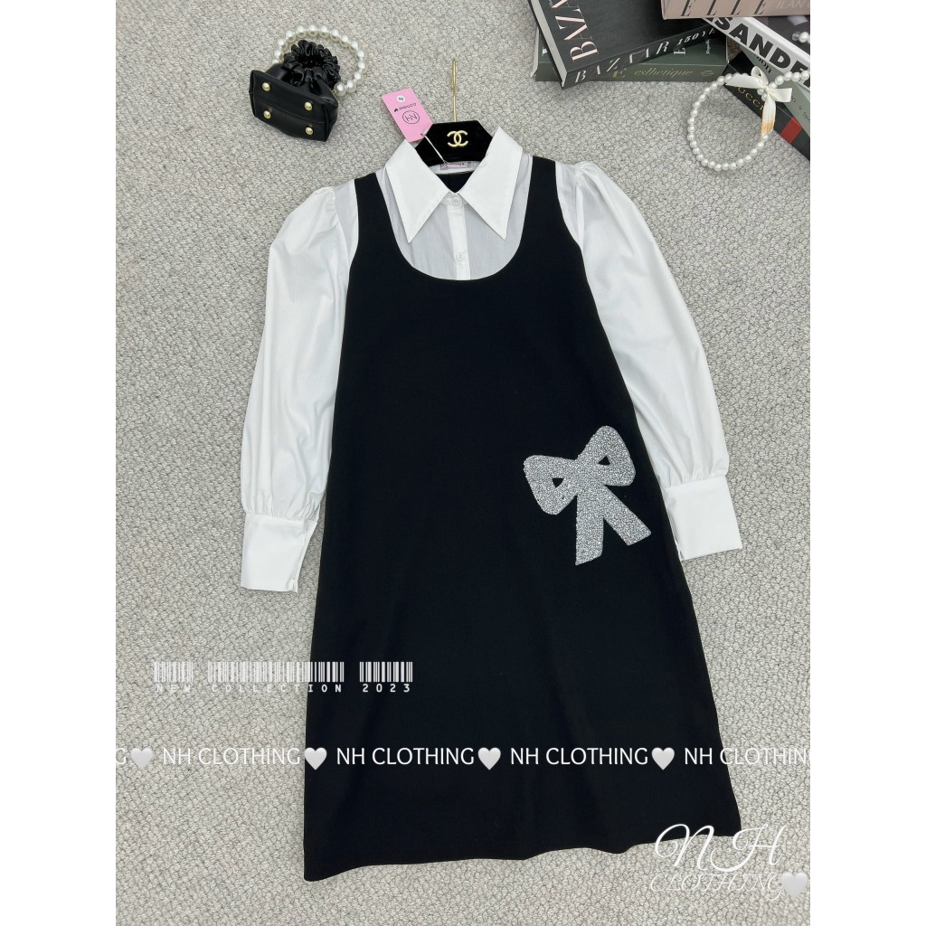 Váy phối sơmi nơ đá sm