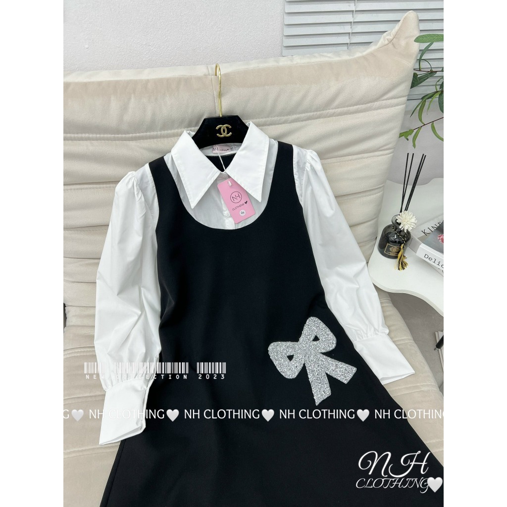 Váy phối sơmi nơ đá sm