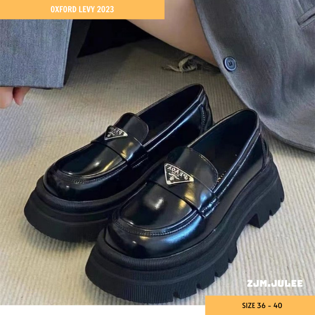Giày oxford LOAFER nữ đế cao 5cm - Giày da nữ đính khuy phong cách Hàn Quốc