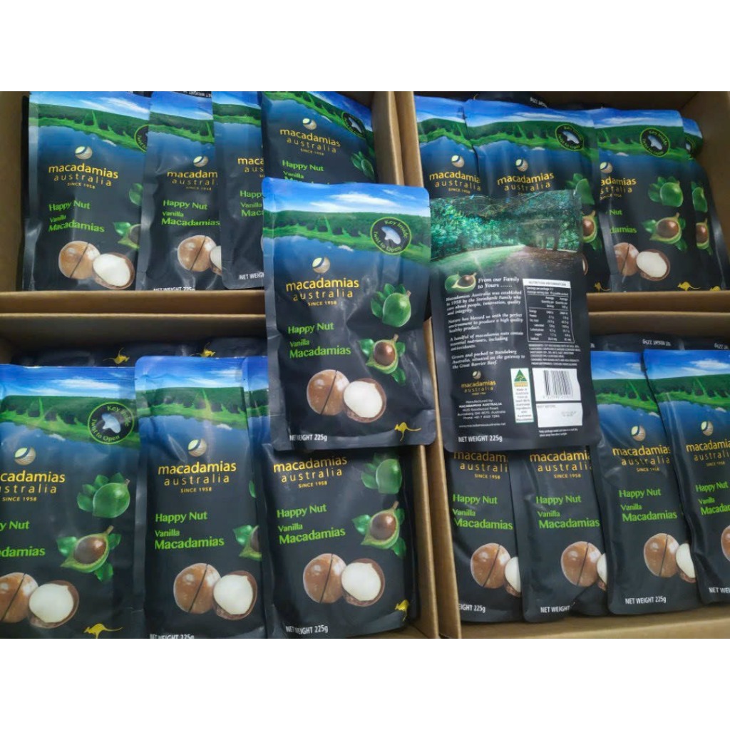 Hạt Maca DATE MỚI NHỨT 20/06/2025 nguyên vỏ Úc Happy Nut vị Vanilla Macadamias 225g Healthy Care