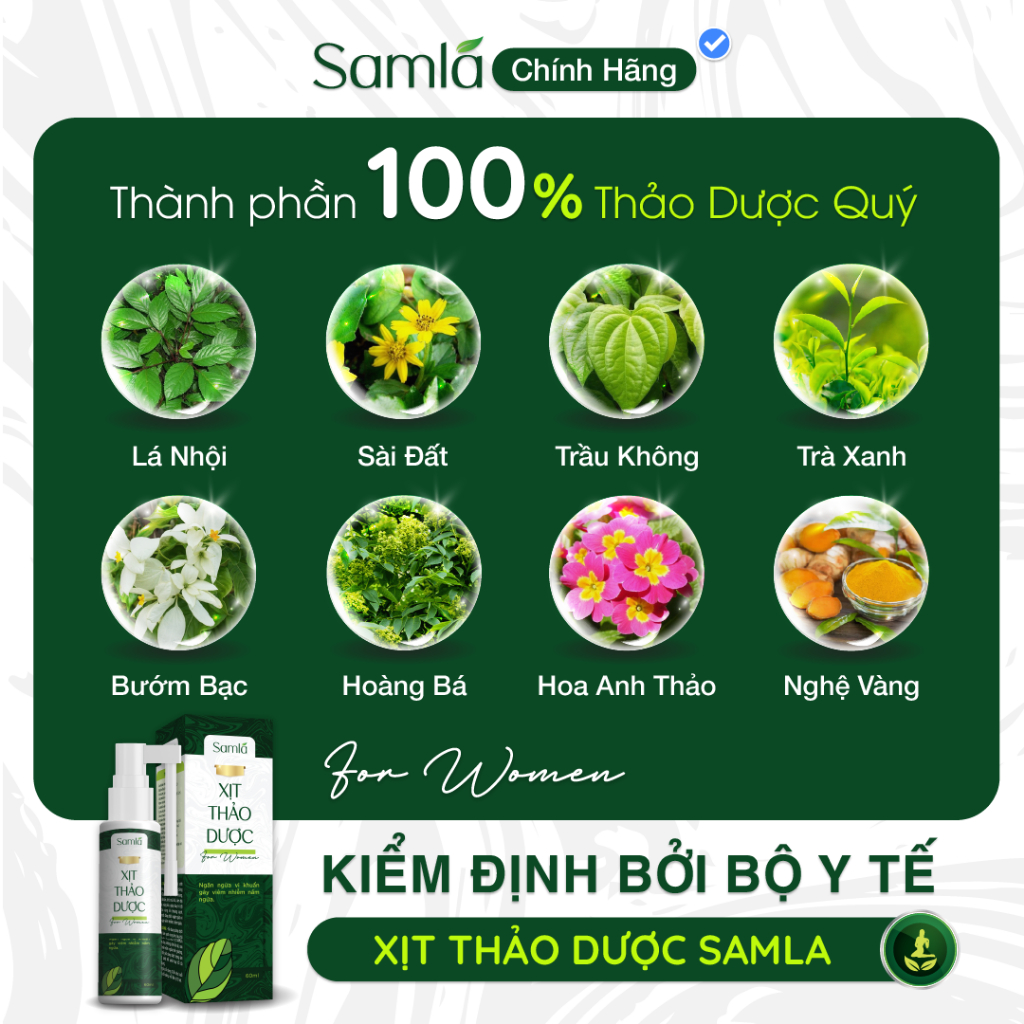 Dung dịch xịt thảo dược, xịt phụ khoa SAMLA 60ml lá nhội đánh bay khí hư, huyết trắng, nấm ngứa, viêm lộ tuyến độ 1,2,3