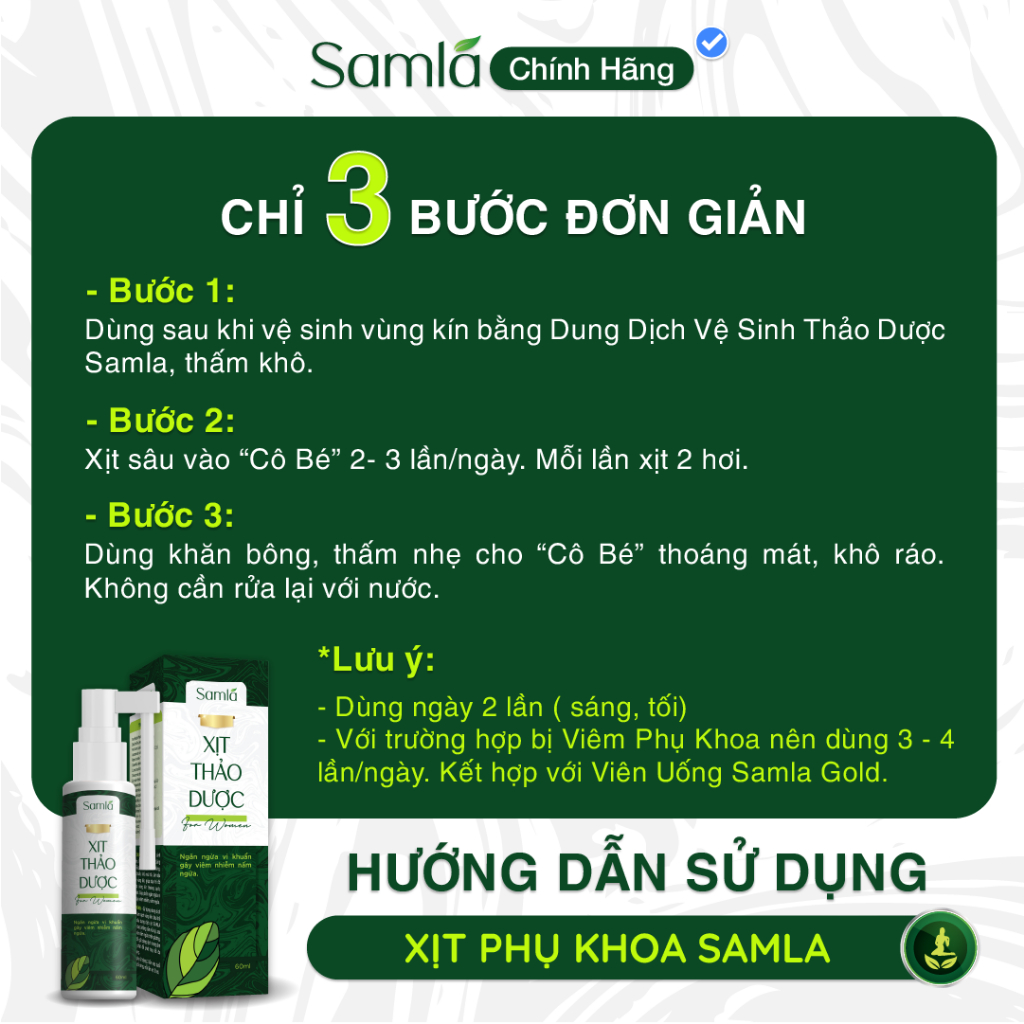 Dung dịch xịt thảo dược, xịt phụ khoa SAMLA 60ml lá nhội đánh bay khí hư, huyết trắng, nấm ngứa, viêm lộ tuyến độ 1,2,3