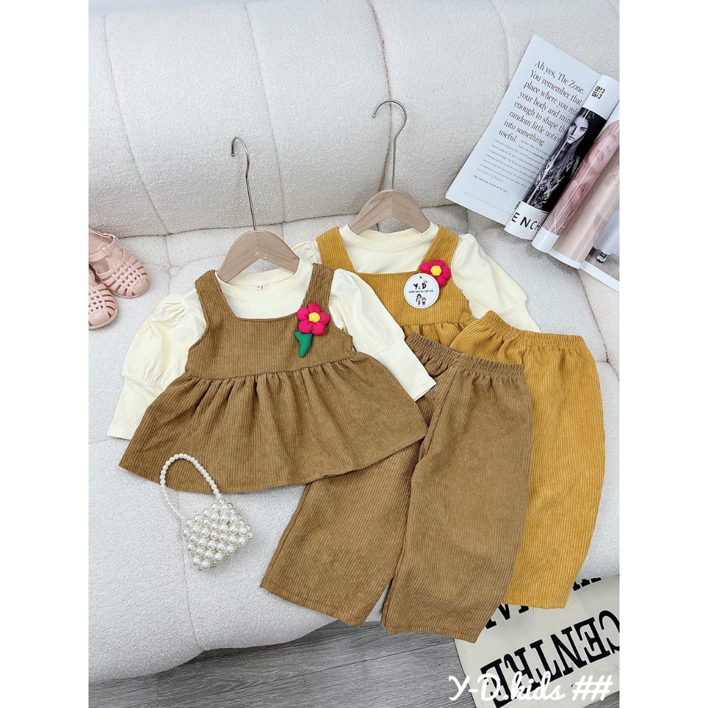 Set bộ Babydoll quần loe nhung tăm kèm áo cực xinh cho bé gái