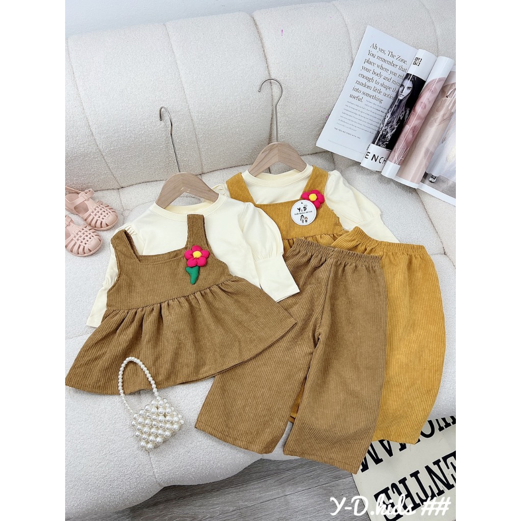 Set bộ Babydoll quần loe nhung tăm kèm áo cực xinh cho bé gái