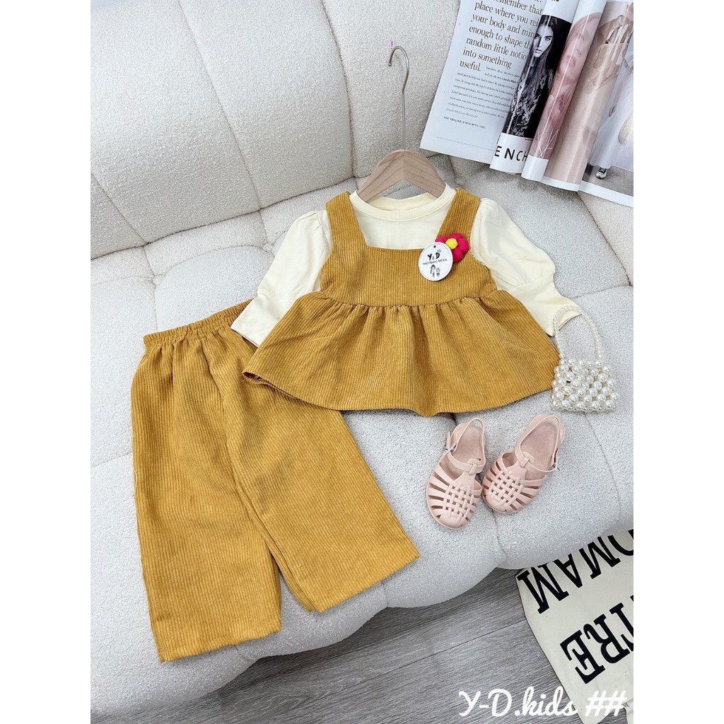 Set bộ Babydoll quần loe nhung tăm kèm áo cực xinh cho bé gái