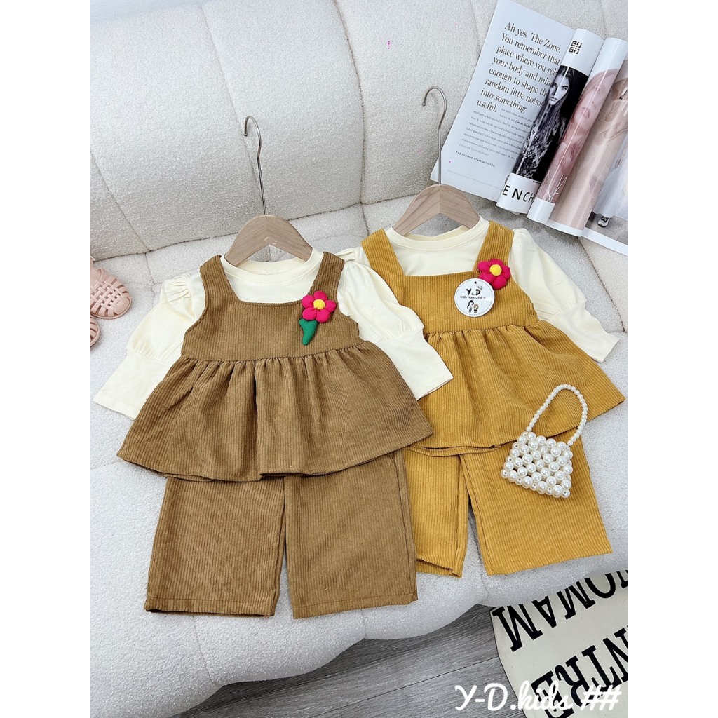 Set bộ Babydoll quần loe nhung tăm kèm áo cực xinh cho bé gái