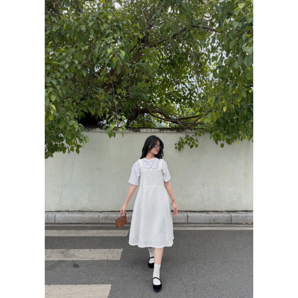 Đầm váy yếm xoè vải linen độc đáo có dây cột eo thu nhỏ phong cách - Freesize 48 - 60kg