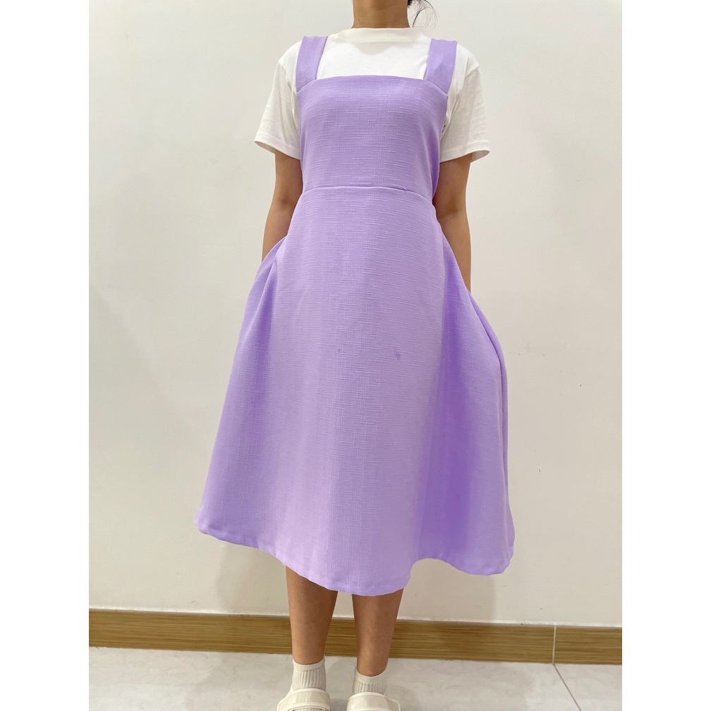 Đầm váy yếm xoè vải linen độc đáo có dây cột eo thu nhỏ phong cách - Freesize 48 - 60kg