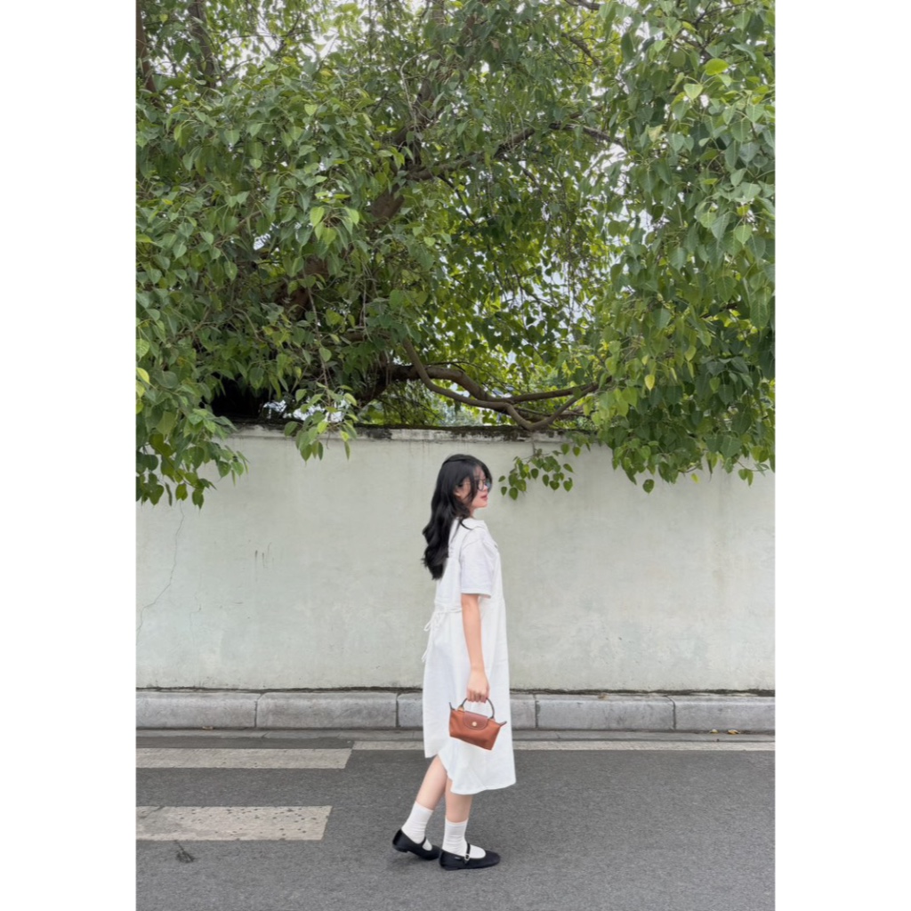 Đầm váy yếm xoè vải linen độc đáo có dây cột eo thu nhỏ phong cách - Freesize 48 - 60kg