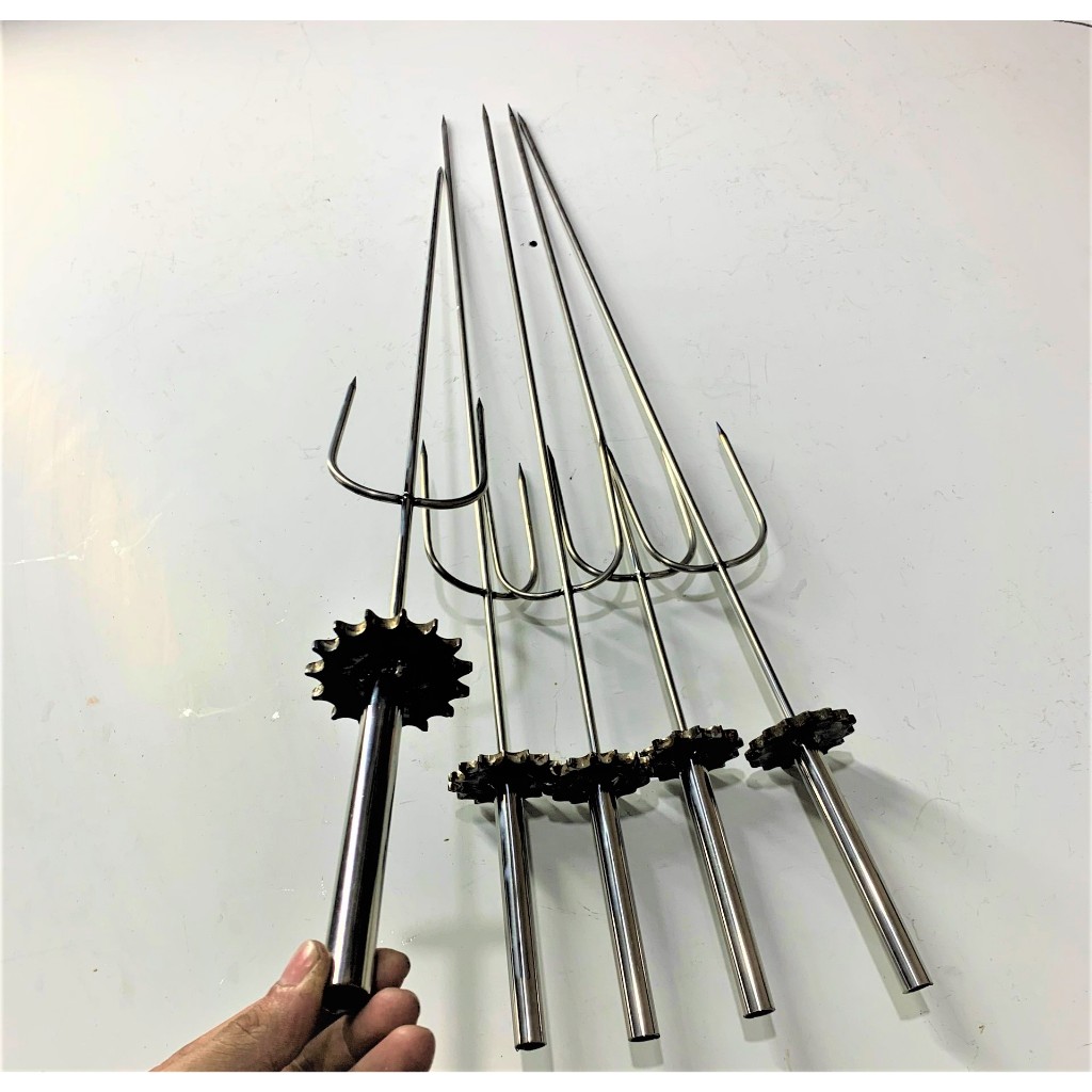 xiên nướng chân giò inox 304 không gỉ, cây nướng chân giò heo có bánh răng cho lò quay, cây xiên qua