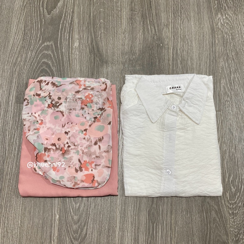 Set áo sơ mi quây ngực mix chân váy hồng phấn