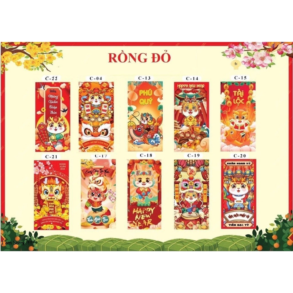 COMBO 50 cái 100c bao lì xi 2024, bao lì xì xuân giáp thìn