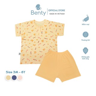 Bộ cộc tay cổ trụ họa tiết BENTY sang trọng cotton mềm mịn mát, quần áo trẻ em bé mặc đi chơi