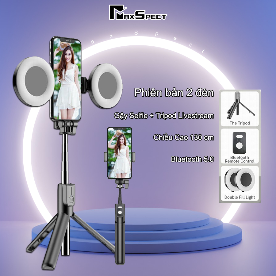Gậy tự sướng 2 đèn kiêm tripod 3 chân MaxSpect 1m7,Gậy selfie 3 chân có 2 đèn led trợ sáng kèm bluetooth BS11s