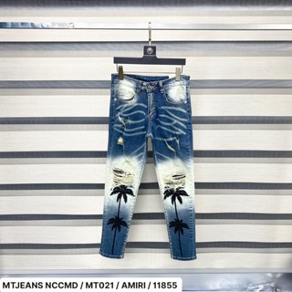 Quần Jean Nam Amiri Slimfit Wash Xanh Vàng in hình cây dừa phối rách tua gối vá da Quần Cây Dừa Nam Xanh