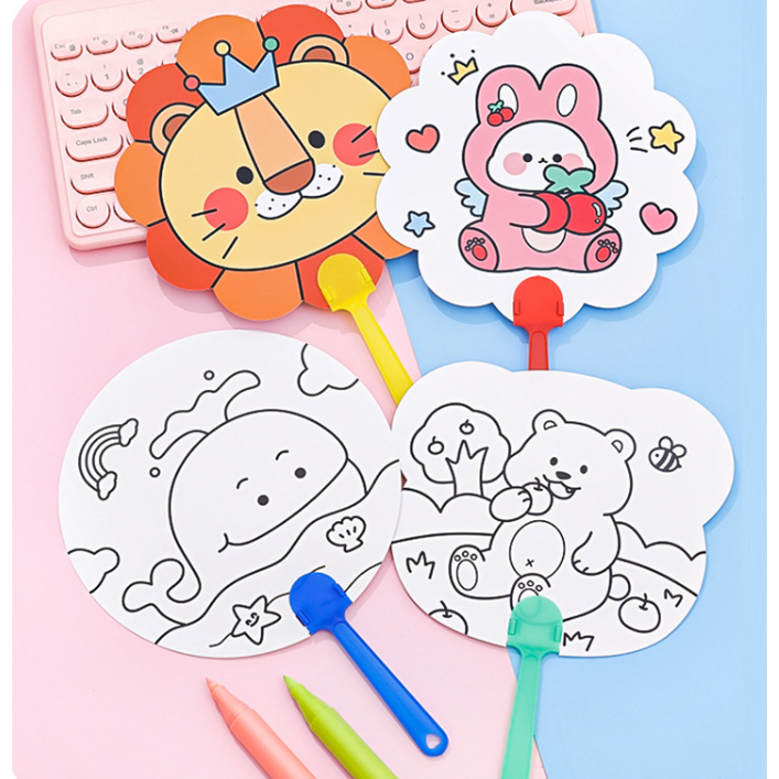 Quạt tô màu mẫu hoạt hình cho bé - quạt giấy cầm tay - quà tặng học sinh