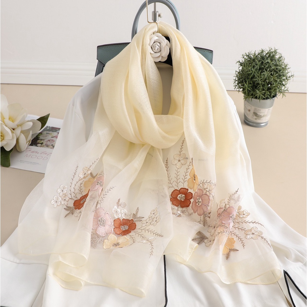 KHĂN QUÀNG LỤA TƠ TẰM THÊU HOA DÀI 90*180CM _Miuna