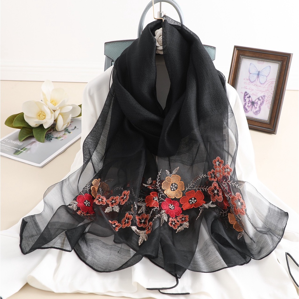 KHĂN QUÀNG LỤA TƠ TẰM THÊU HOA DÀI 90*180CM _Miuna