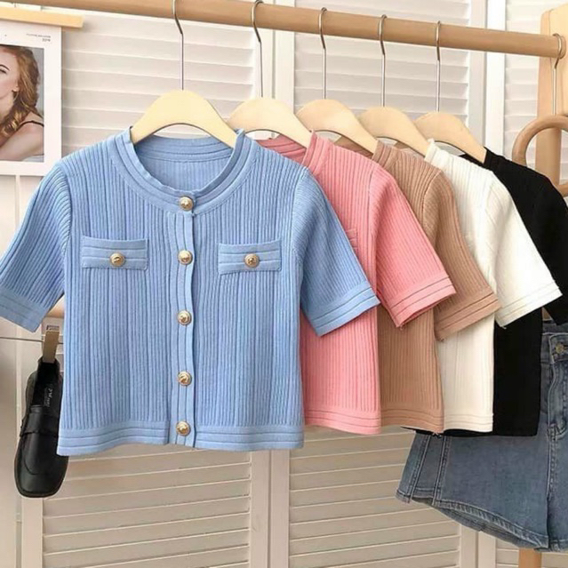 Áo kiểu thun len tăm phối nút to , Áo thun nữ tay ngắn tiểu thư đính cúc to siêu xinh form chuẩn đẹp