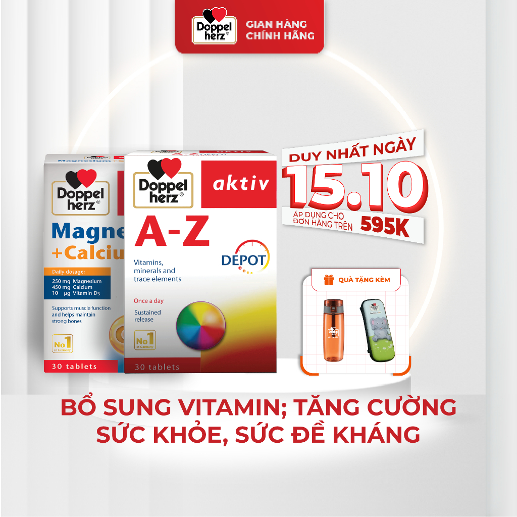 Bộ đôi bổ sung vitamin, khoáng chất, phòng ngừa loãng xương Doppelherz Magie Canxi D3 + A Z Depot (02 hộp, 30 viên/hộp)