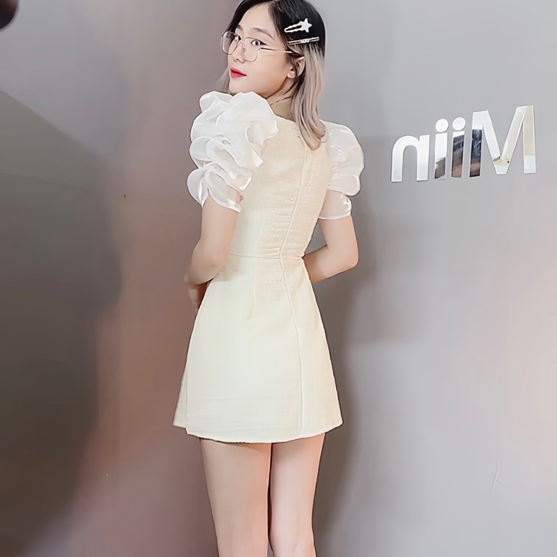 Váy Dạ Nhũ Tay Tơ Bồng Hoa Trắng