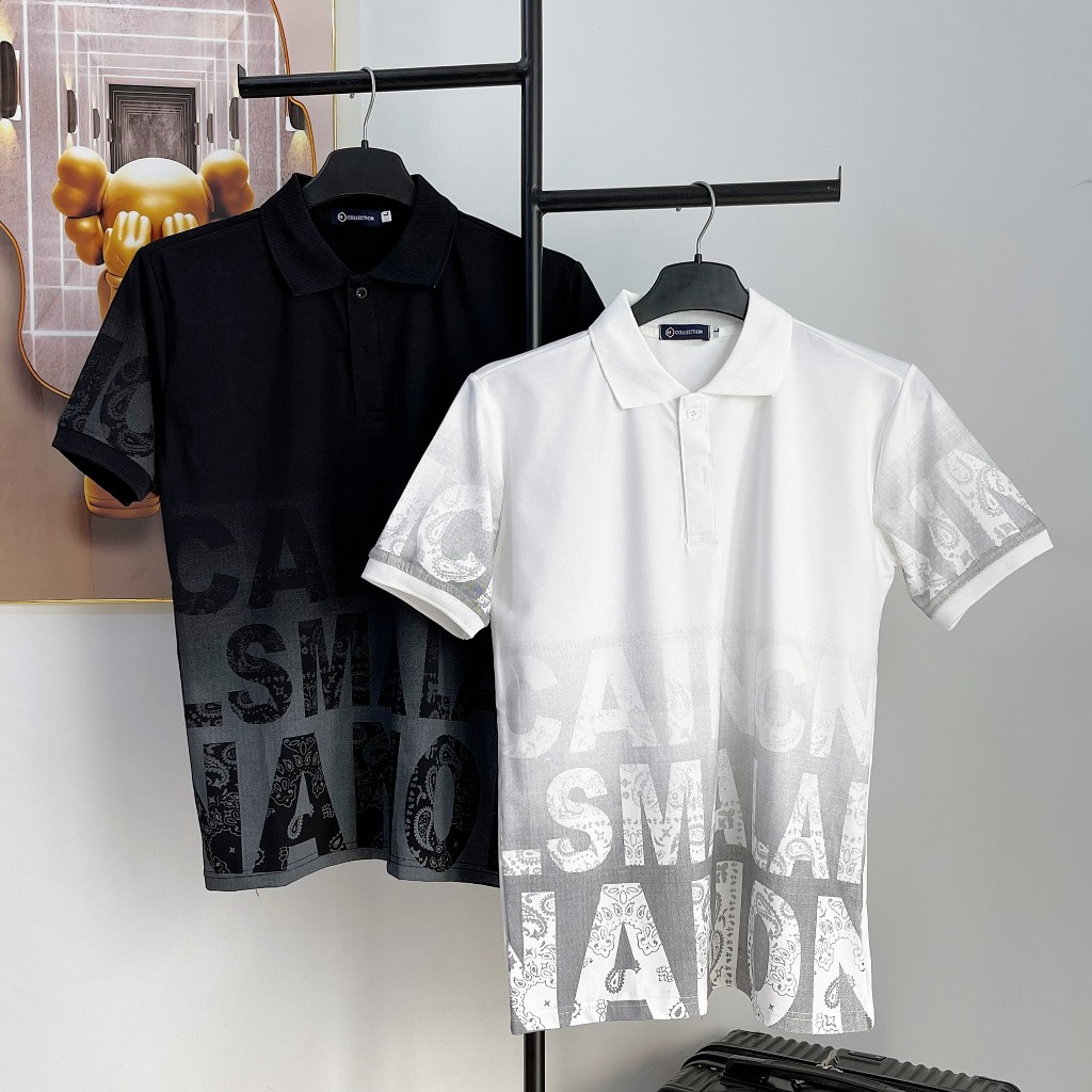 Áo polo Nam Tay ngắn, chữ in, vải cotton co dãn 4 chiều mịn mát 2 màu trắng đen