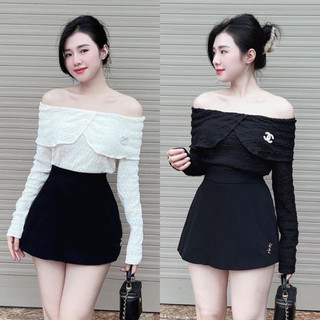  Áo trễ vai chất xốp nhăn xẻ vạt trước phong cách tiểu thư Hàn (video/sẵn)