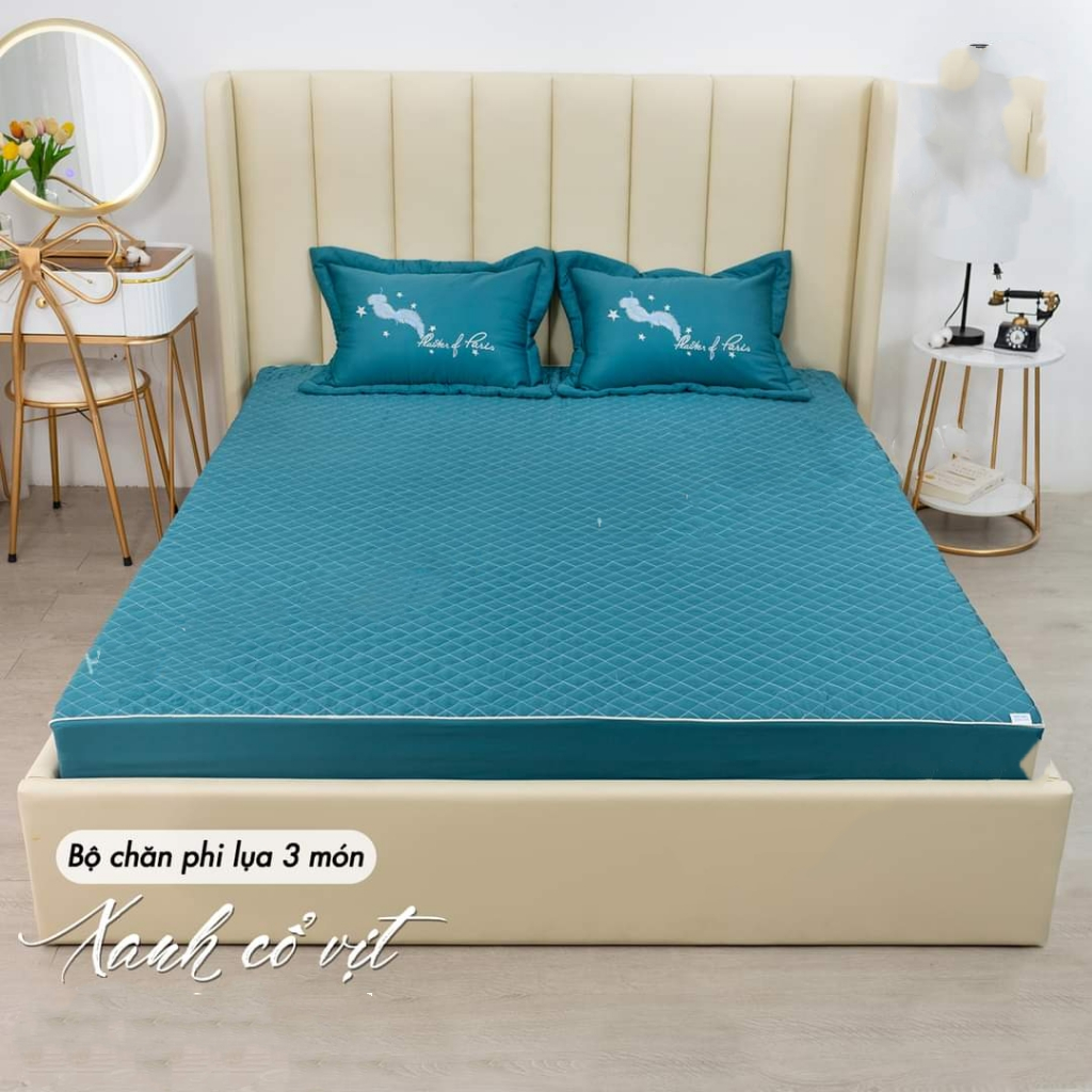 Set 3 món ga gối phi lụa thêu lông vũ