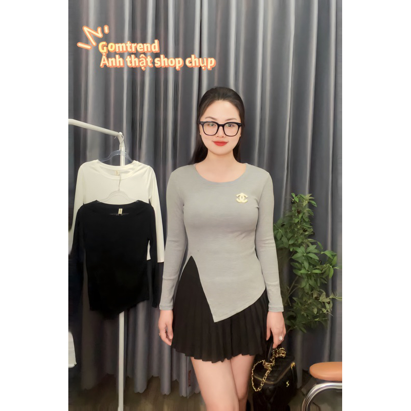 Áo Len Tăm Nữ Xẻ Vạt Lệch Dài Tay - Áo Thun Nữ Thu Đông Nữ Xẻ Tà Chất Tăm Co Dãn BIGSIZE Tôn Dáng Gom881