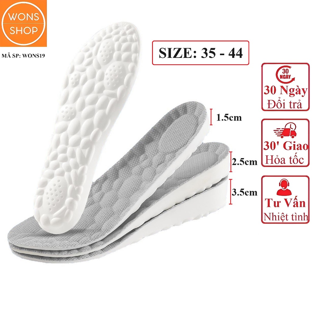 Lót giày tăng chiều cao nam nữ 1.5cm, 2.5cm, 3.5cm êm chân khử mùi thoáng khí chống rộng bằng xốp và vải mềm mỏng sướng
