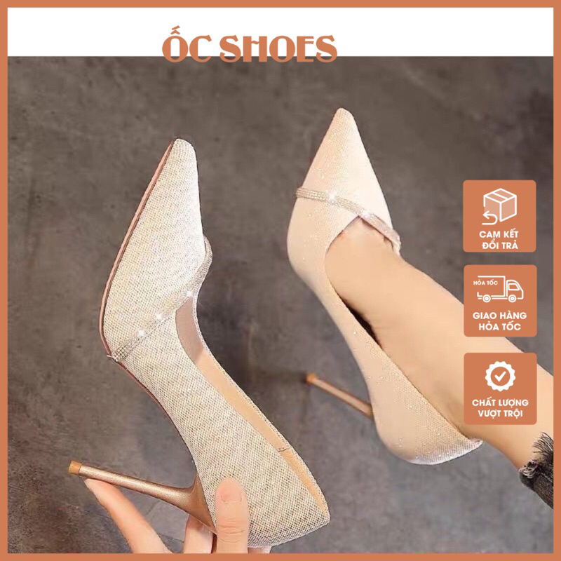 Giày cao gót mũi nhọn kim sa 3 màu, giày gót nhọn 9cm mã OK13