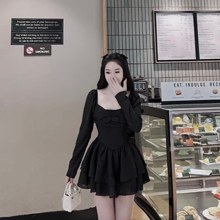 Váy xốp gân nơ tay bồng 2 tầng xòe