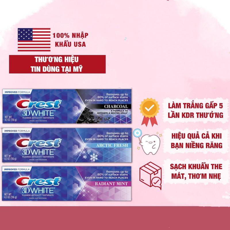  Kem Đánh Trắng Răng Crest 3D White Radiant Mint / Deep Clean/ Pro Health Advanced /Advanced Whitening