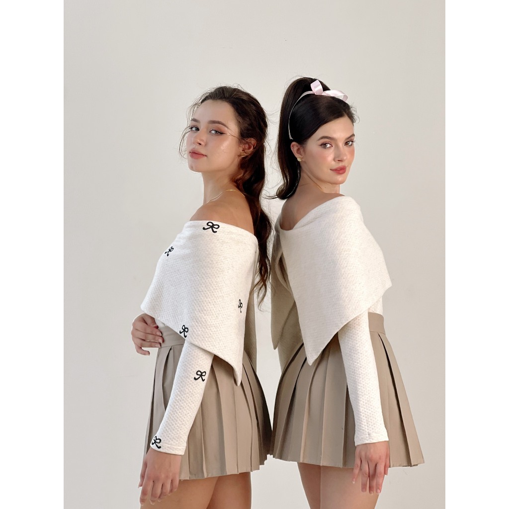 TIFFANY STUDIOS - Áo Trễ Vai Len Trắng Thanh Lịch Trẻ Trung 2 Cách Mặc - PALINA TOP