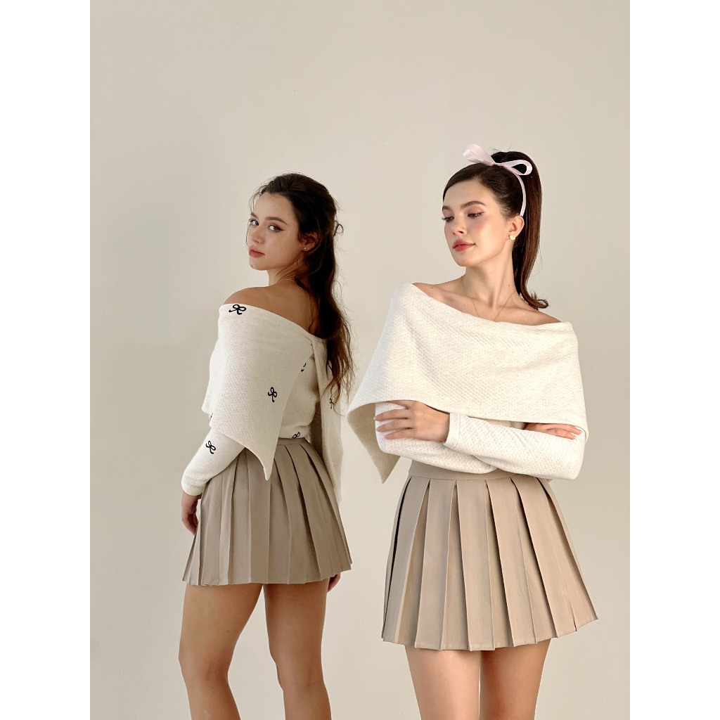 TIFFANY STUDIOS - Áo Trễ Vai Len Trắng Thanh Lịch Trẻ Trung 2 Cách Mặc - PALINA TOP