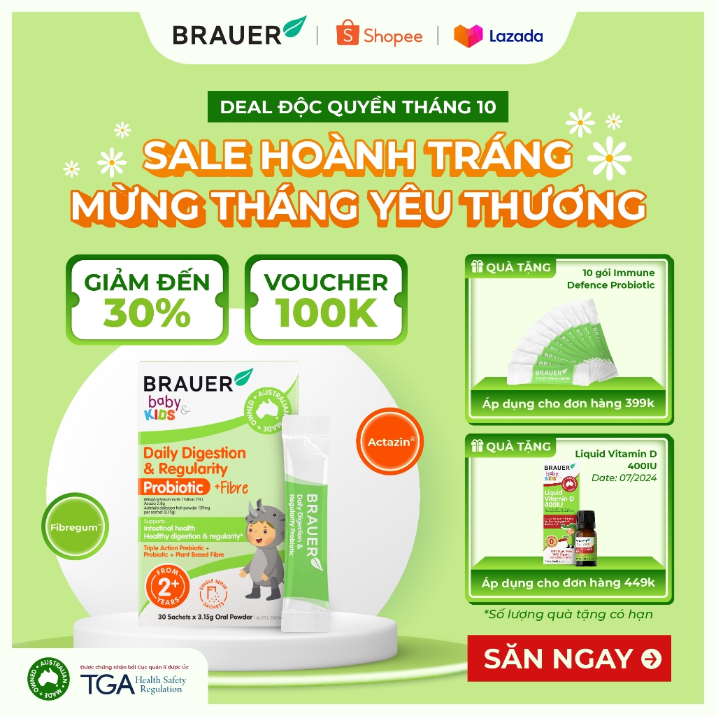 BRAUER Baby & Child DAILY DIGESTION & REGULARITY PROBIOTIC-Men vi sinh và chất sơ bổ sung hằng ngày(10 gói) Hàng tặng