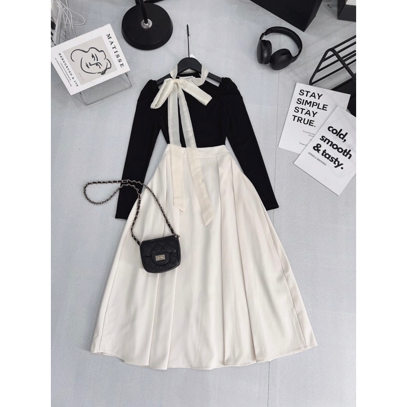Set áo đen tay dài khoét vai cổ nơ + chân váy midi nude
