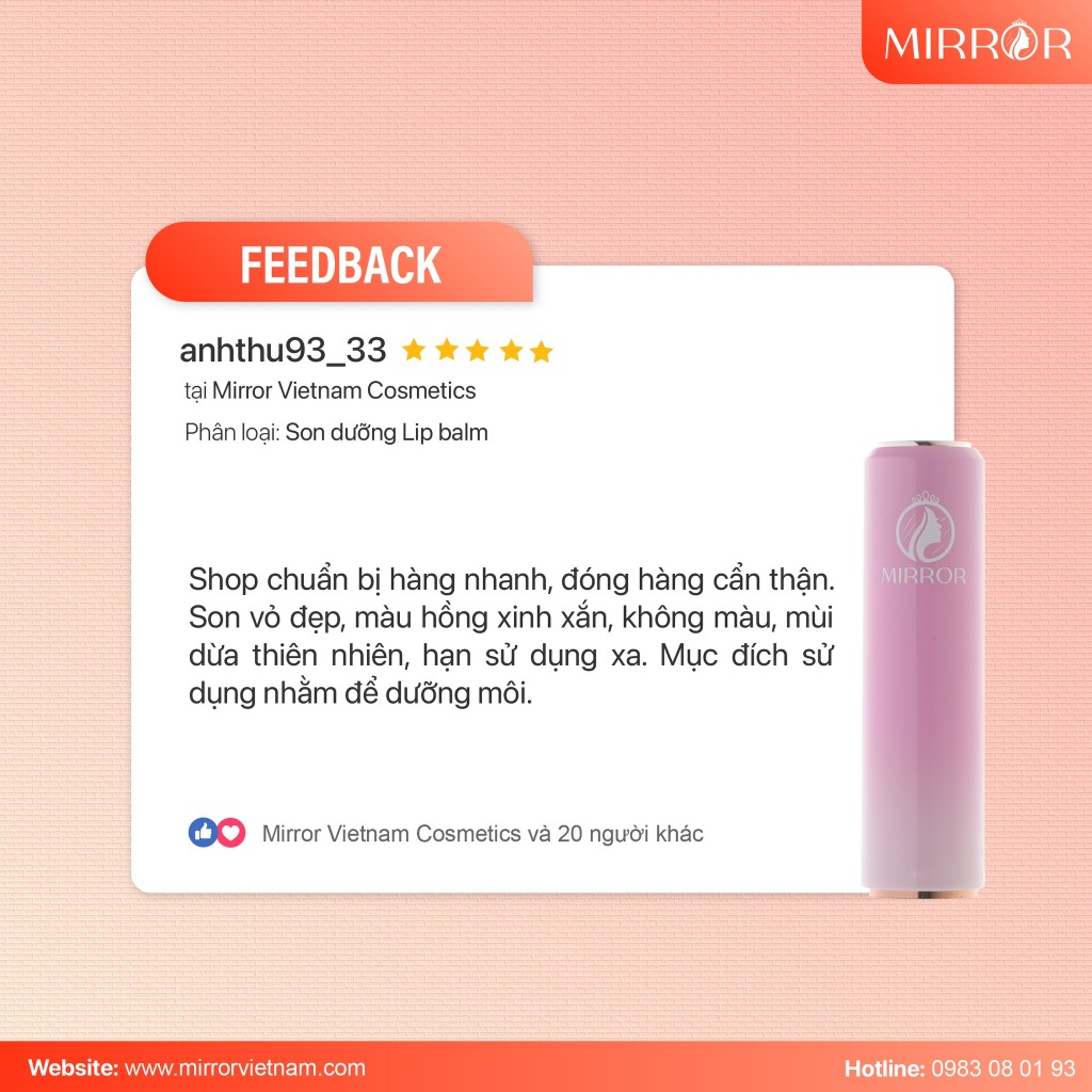 Son dưỡng môi không màu MIRROR Lip Balm  - Dưỡng ẩm, môi hồng hào, căng bóng